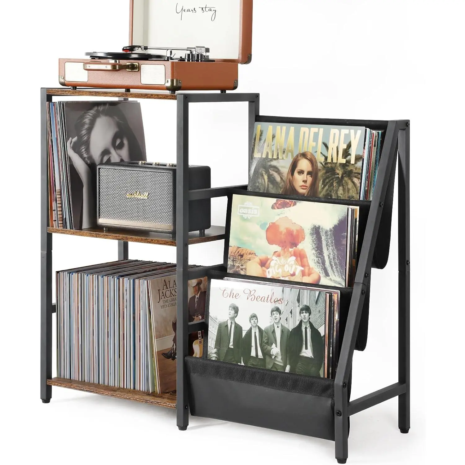 Record Player Stand, Turntable Stand with 3-Tier Vinyl Record Storage, Record Player Table 200 Albums, End Table with Vinyl Display Holder Shelf, Record Player Cabinet Media Console for Stereo