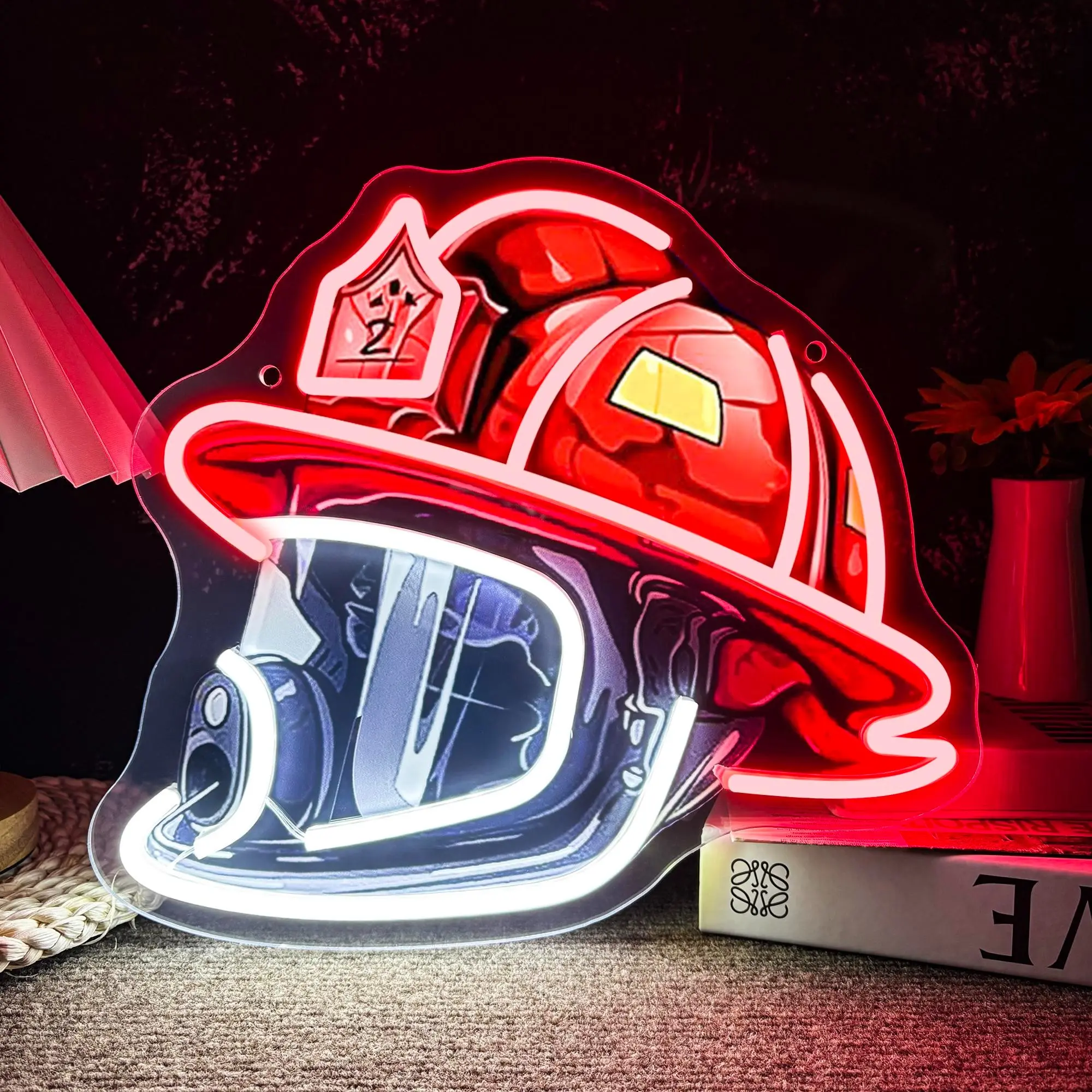 Firefighter Helmet Neon Light Adjustable LED Fluorescent Lamp, USB Powered Home Decor, Fire Station Wall Art, Firefighter Gift
