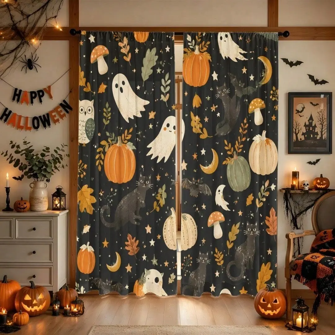2 pieces, high-definition digital retro-style hand-drawn forest-themed Halloween cartoon printed curtains. They are installed using pocket rods and are suitable for living rooms, kitchens, bedrooms, study rooms, dining rooms, and home decorations.