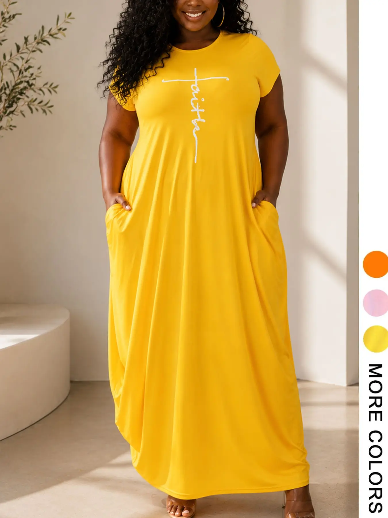 Plus Size Letter Print Long Dress, Women's Casual Wear Short Sleeve Loose Fit T-Shirt Dress with Pockets, Summer Street Fashion Minimalist, Beachy Style Dress, Sun Dress