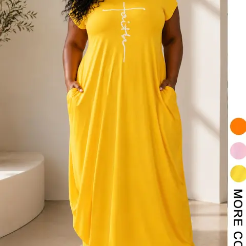 Plus Size Letter Print Long Dress, Women's Casual Wear Short Sleeve Loose Fit T-Shirt Dress with Pockets, Summer Street Fashion Minimalist, Beachy Style Dress, Loose Dresses