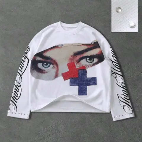 White Waffle-Knit Long Sleeve Top with Abstract Eye and Cross Print, Cursive Letter Sleeves and Loose Fit, for Casual Gatherings, Weekend Outings, and Streetwear Looks