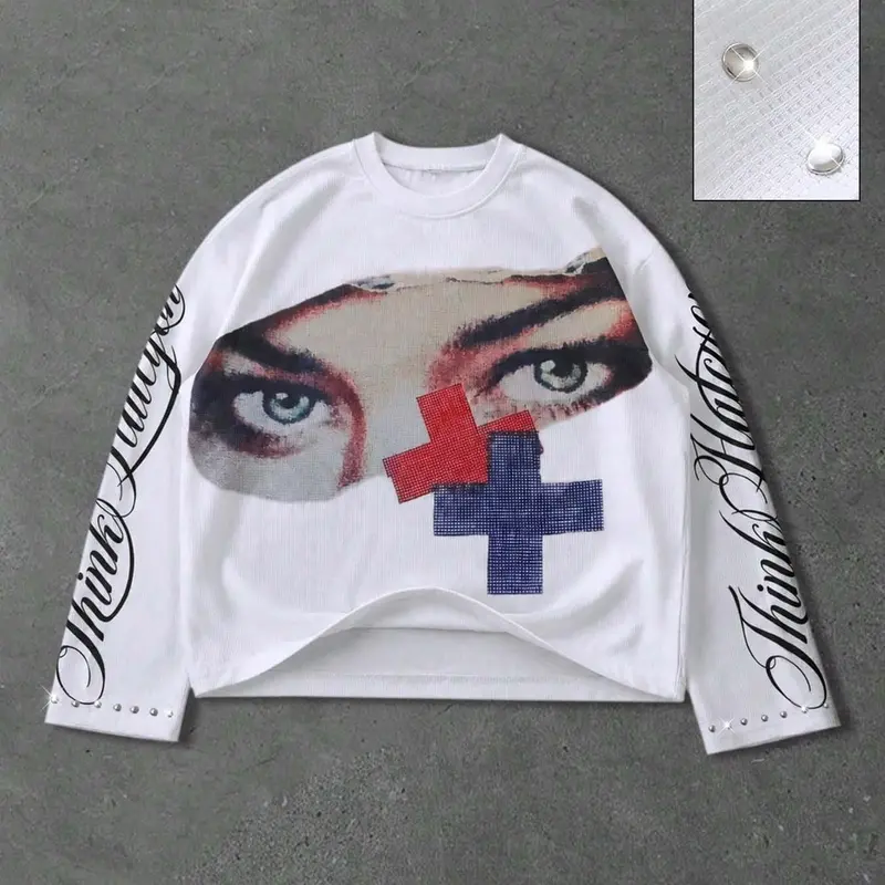 White Waffle-Knit Long Sleeve Top with Abstract Eye and Cross Print, Cursive Letter Sleeves and Loose Fit, for Casual Gatherings, Weekend Outings, and Streetwear Looks