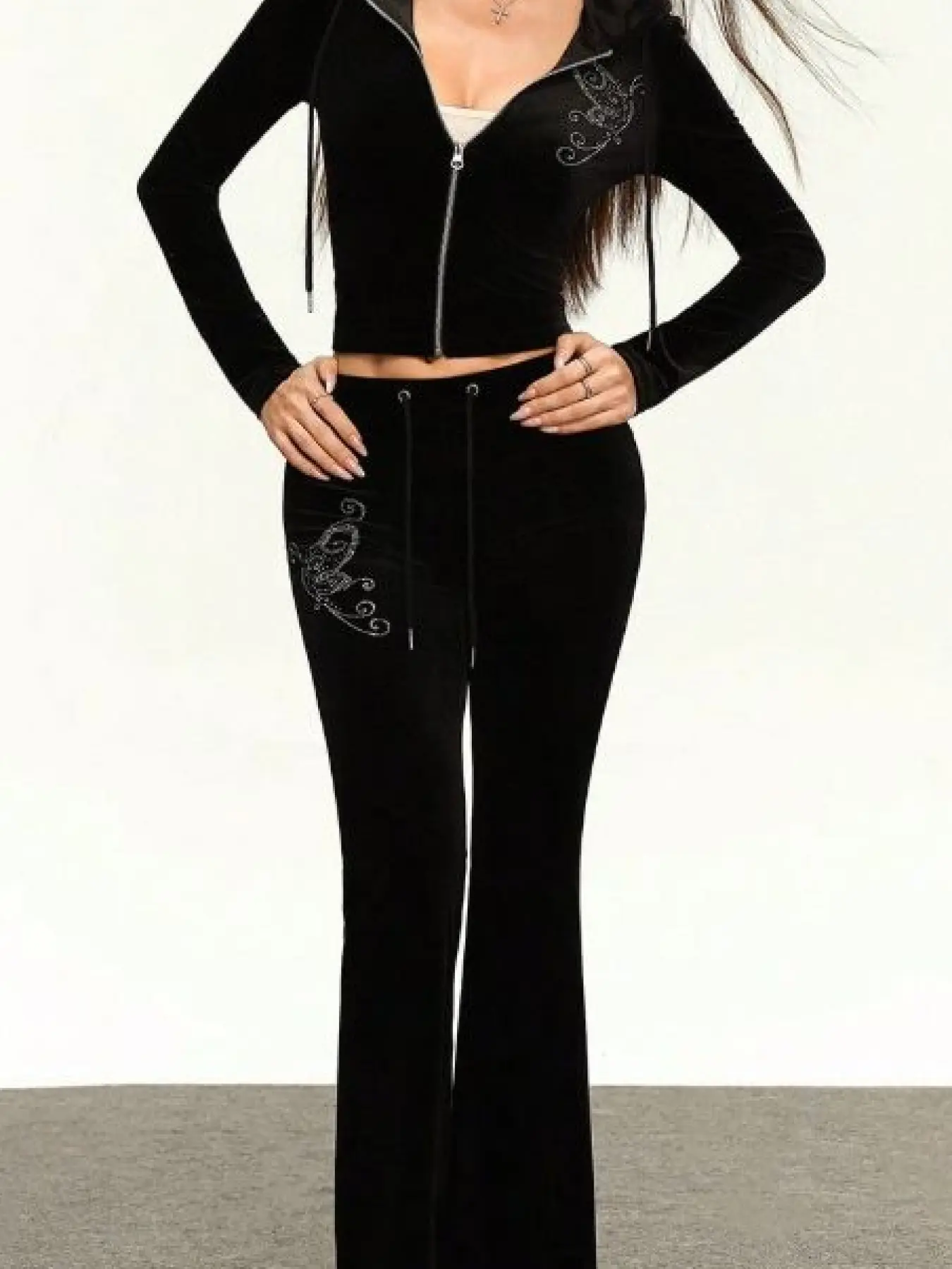 Two piece women's casual black hooded set with rhinestone decoration long sleeved hooded jacket and flared pants, suitable for all seasons, suitable for home, indoor, and outdoor wear