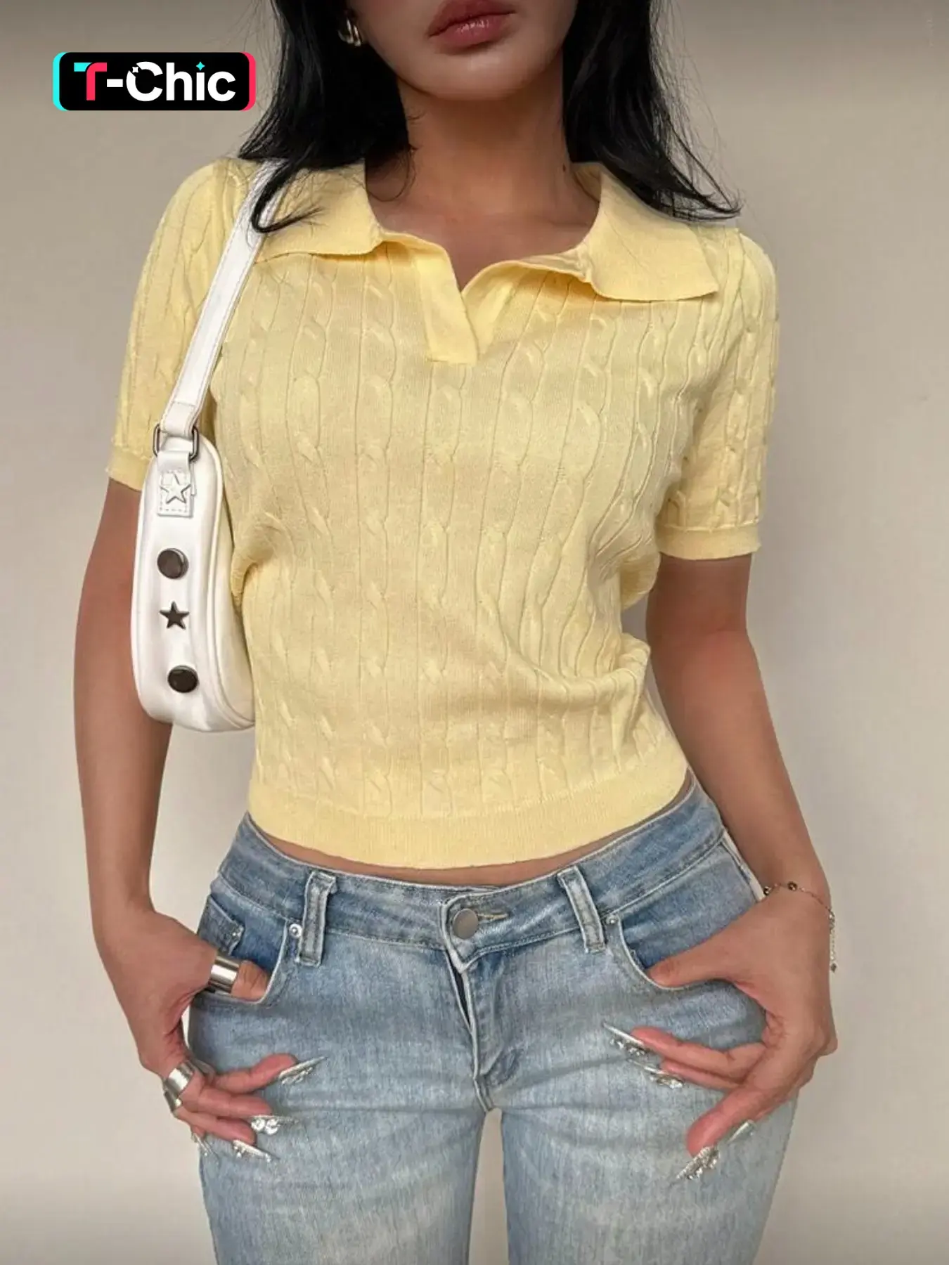 Women's Summer Polo Neck Short Sleeve Knit Sweater, Fashionable Elegant Slim Fit Breathable Casual Basic Top, Pure Color Versatile Pullover Womenswear