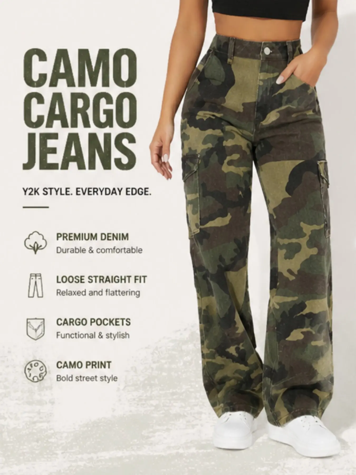 Women's Petite Size Camo Print Cargo Jeans, Flap Pockets, Fashionable and Functional, Casual Daily Wear, Loose-Fit, All Seasons