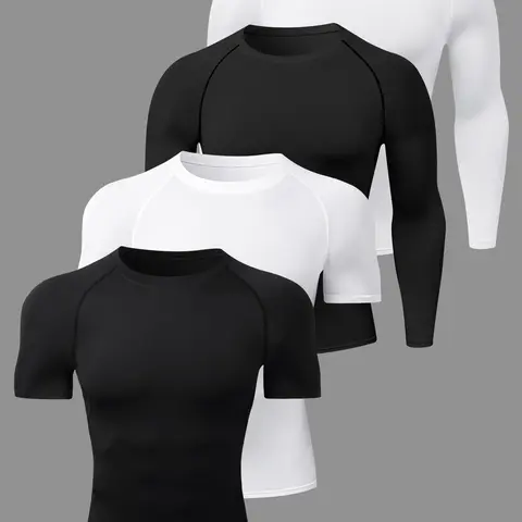 Men's Quick Dry Sporty Compression Shirts, 4/5 Piece Long & Short Sleeve T-Shirts Combo Set, Plain H-Type, All Seasons, Breathable Universal Sports Wear