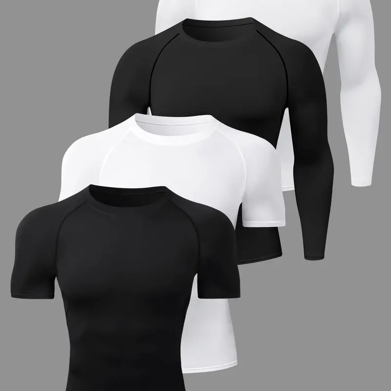 Men's Quick Dry Sporty Compression Shirts, 4/5 Piece Long & Short Sleeve T-Shirts Combo Set, Plain H-Type, All Seasons, Breathable Universal Sports Wear