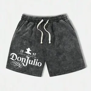 Men’s summer DonJulio letter-print washed cotton athletic shorts—casual, loose fit with a drawstring waist and pockets; retro street style, 2000s vibe. Suitable for running, golf, fishing, basketball, camping, gym workouts, swimming, and the beach.