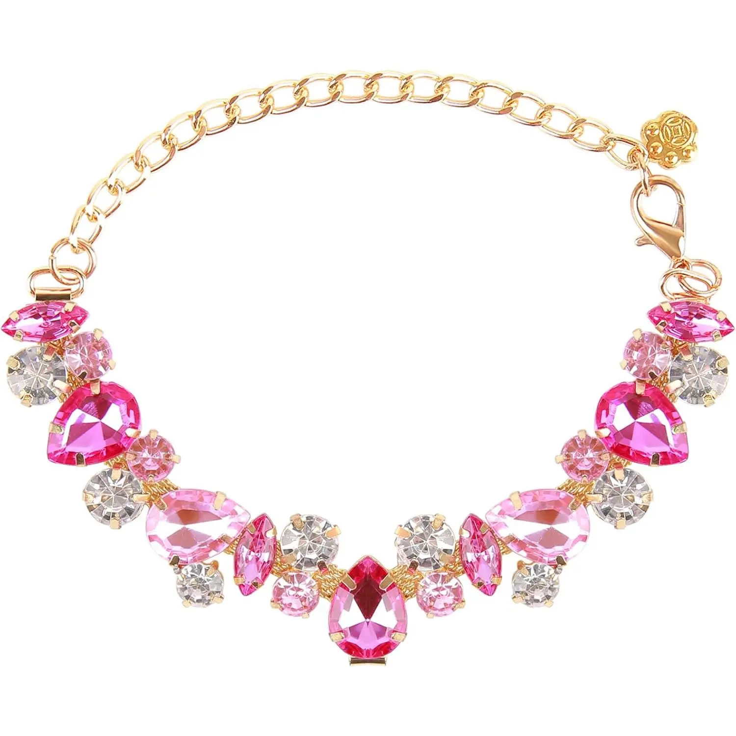 Sparkly Look Solid Stainless Steel Gold Chain Pet Collar Necklace, Adjustable Pink Rhinestone Collar With Cute Paw Charm, For Small/Medium Dogs Cats, Pink, Size S