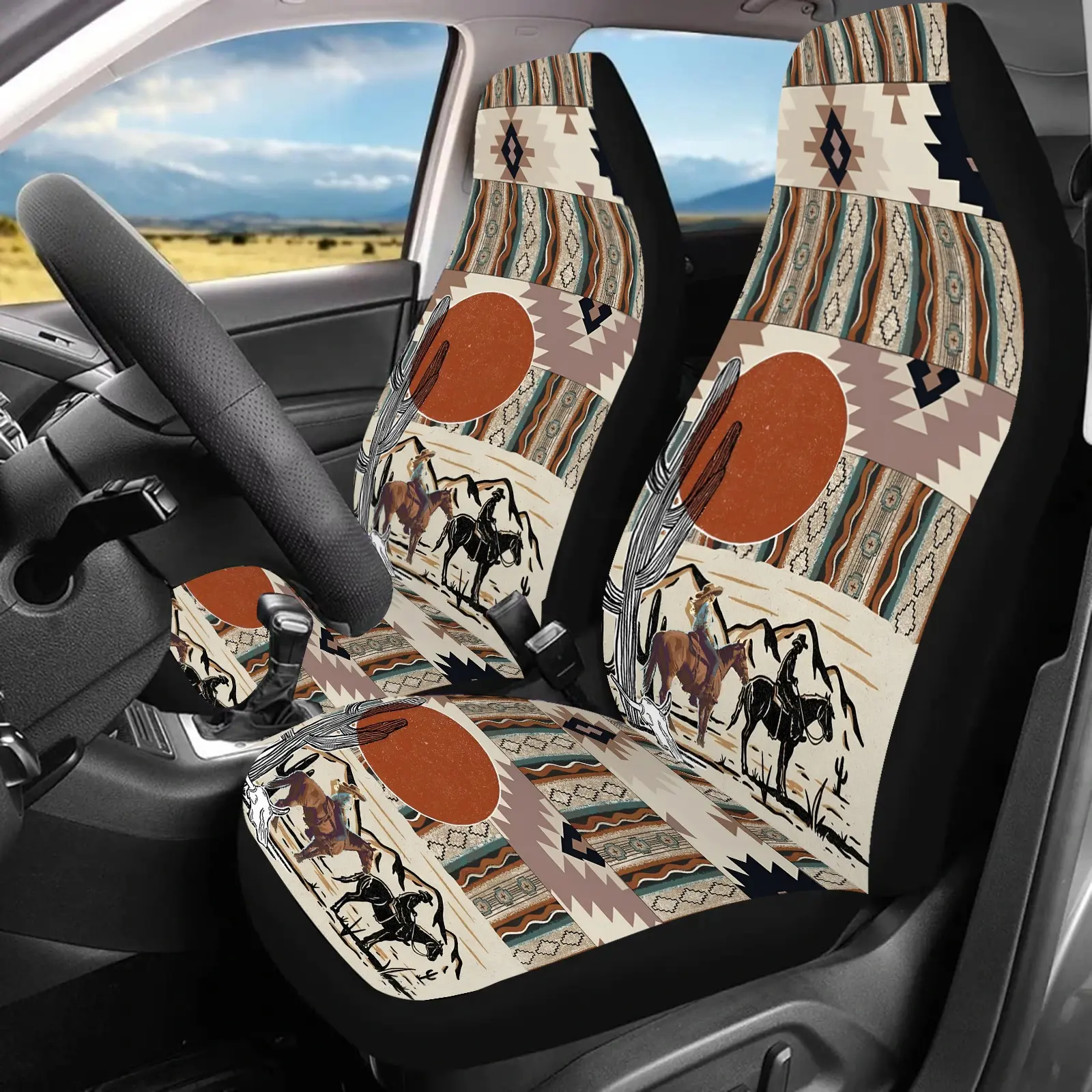 2pcs Bohemian Style Car Seat Covers - Vibrant Native American-Inspired Design with Horse & Sun Motifs, Universal Fit for SUVs, Sedans, Trucks, Perfect Gift for Family or Friends, Car Seat Protection | Bohemian Style Seats | Durable Car Seats