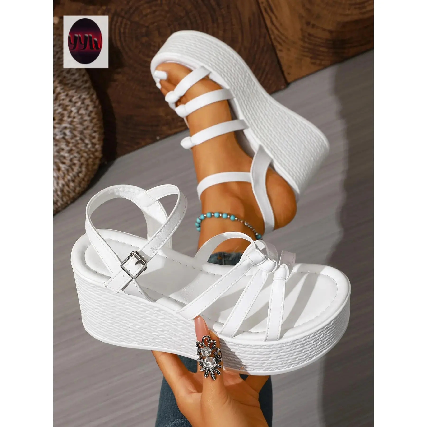 YYW1 White platform wedge sandals, Casual trendy sandals, multi-strap adjustable shoes, casual open-toe sandals, comfortable beach wedges, casual wedge heels, Ankle strap sandals, Chunky platform wedge