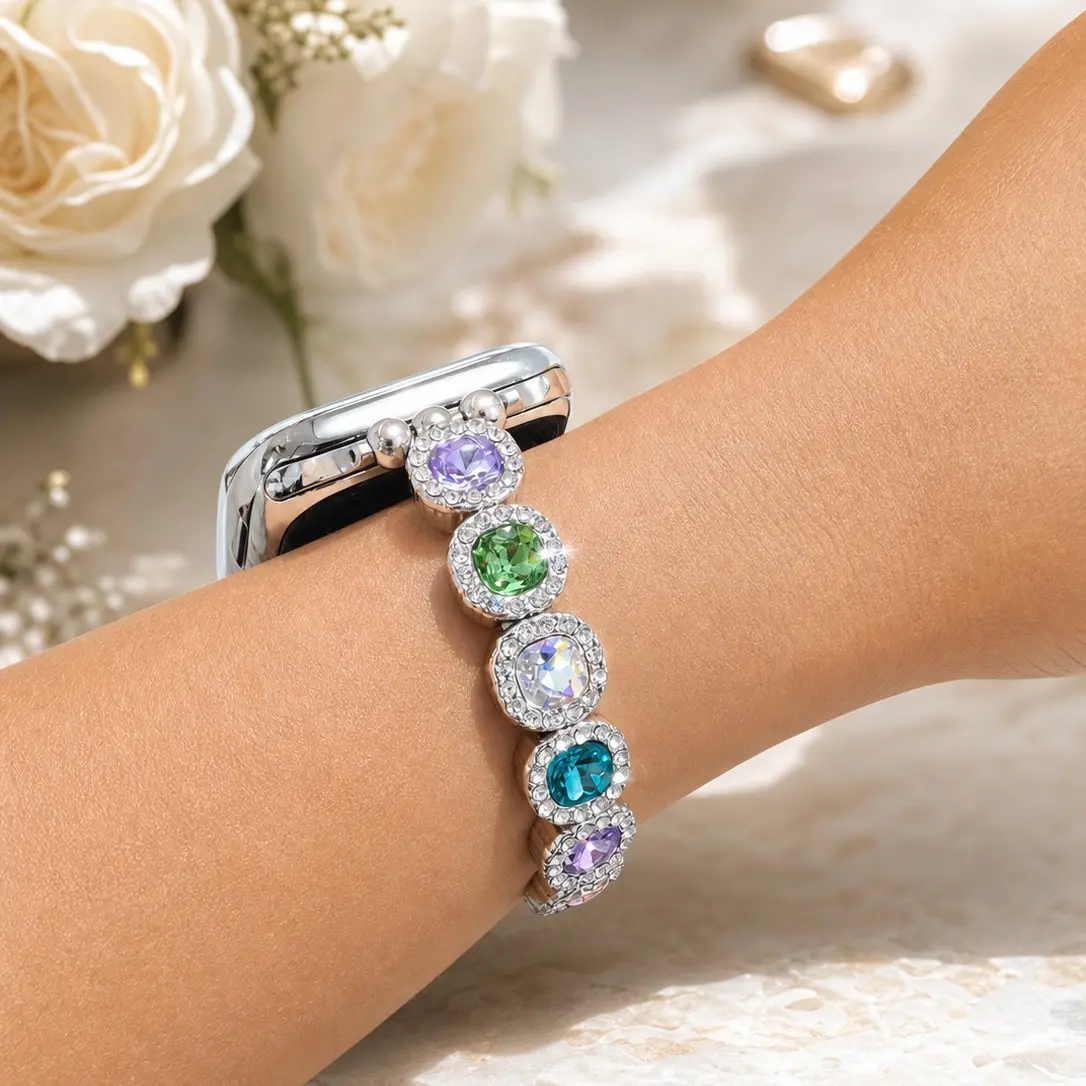 1 Pack Sparkly Colorful Rhinestone Elastic Watch Band, compatible with Apple Watch 38-49mm. Fits Apple Watch Ultra 3/2/1, SE and Series 1-11. Bangle-style watch strap for women, perfect for daily wear and birthday gifts. Band only, watch not included.