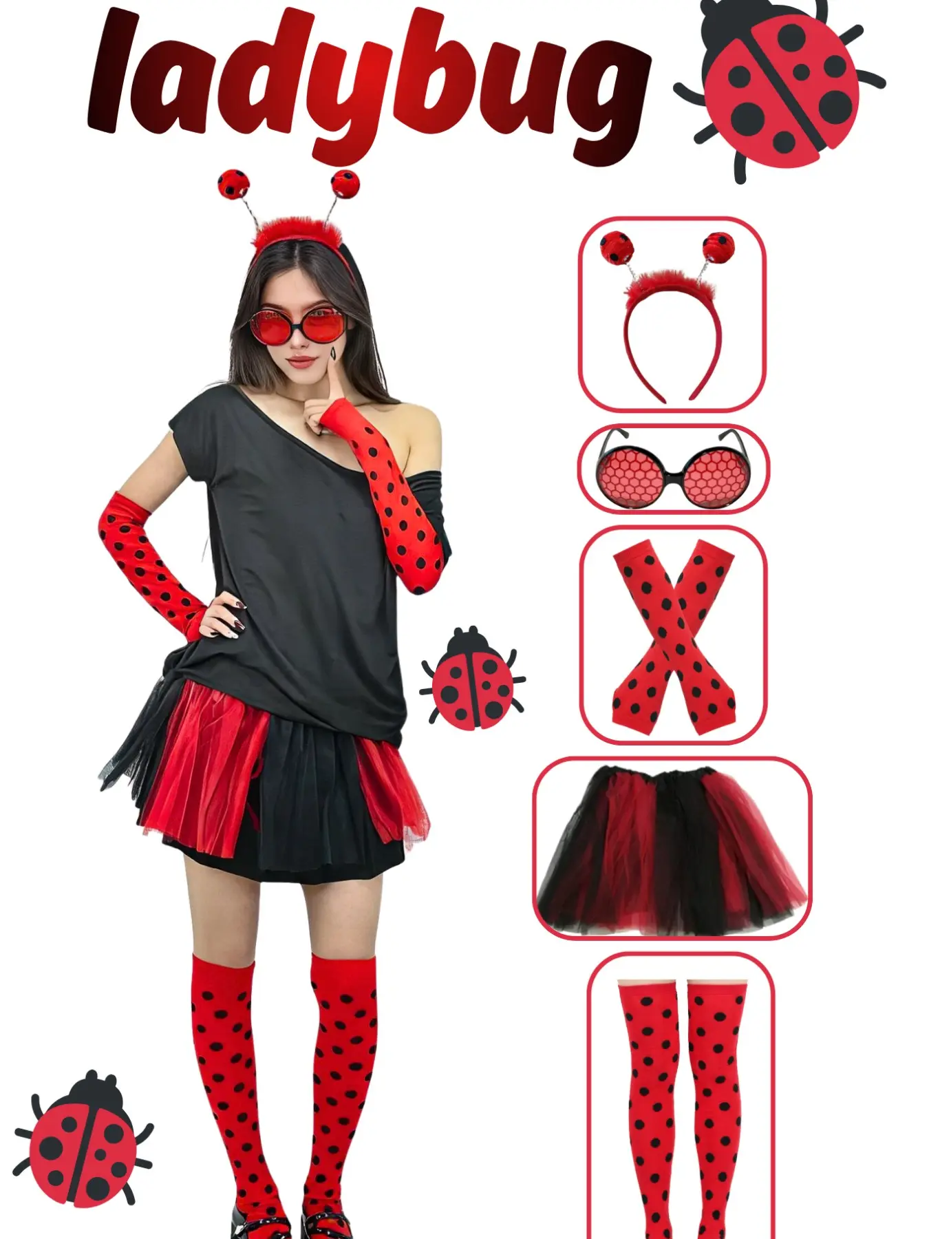 Ladybug Theme 5-Piece Costume Set, Includes Antenna Headband, Mesh Glasses, Polka Dot Sleeves, Skirt, Over-Knee Socks, Halloween Cosplay