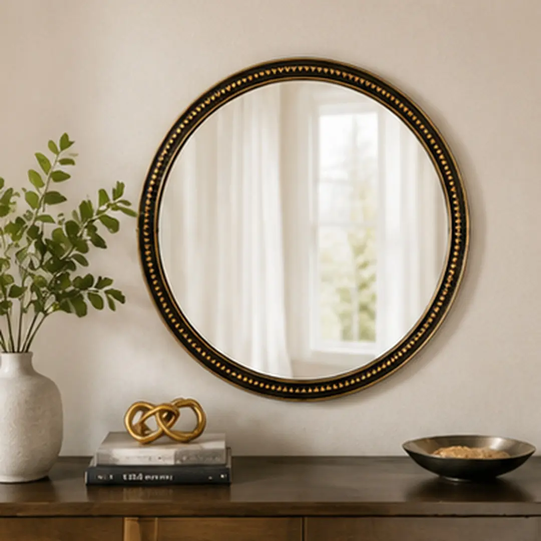 23.62" Dia. Antique Gold Vintage Beaded Round Wall Mount Mirror - Durable MDF & Resin, Distortion-Free Glass, Modern Minimalist Home Decor, Easy-to-Hang, Round Bathroom Mirror for Living Room, Bedroom, Antique Gold Wall-Mounted Mirrors