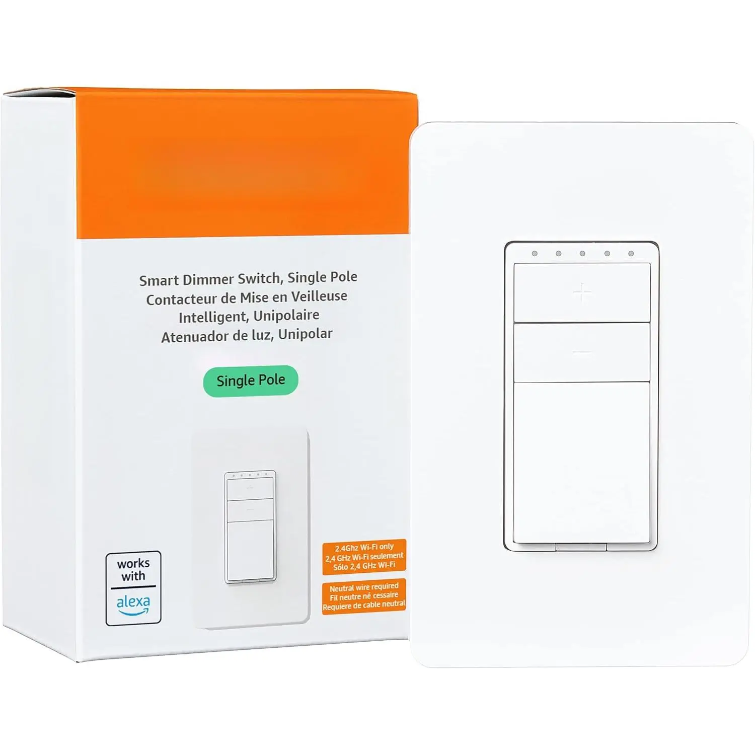 Smart Dimmer Switch, Single Pole, Works with Alexa Only, Voice Control, 2.4 GHz Wi-Fi, No Hub Required, Neutral Wire Required, White