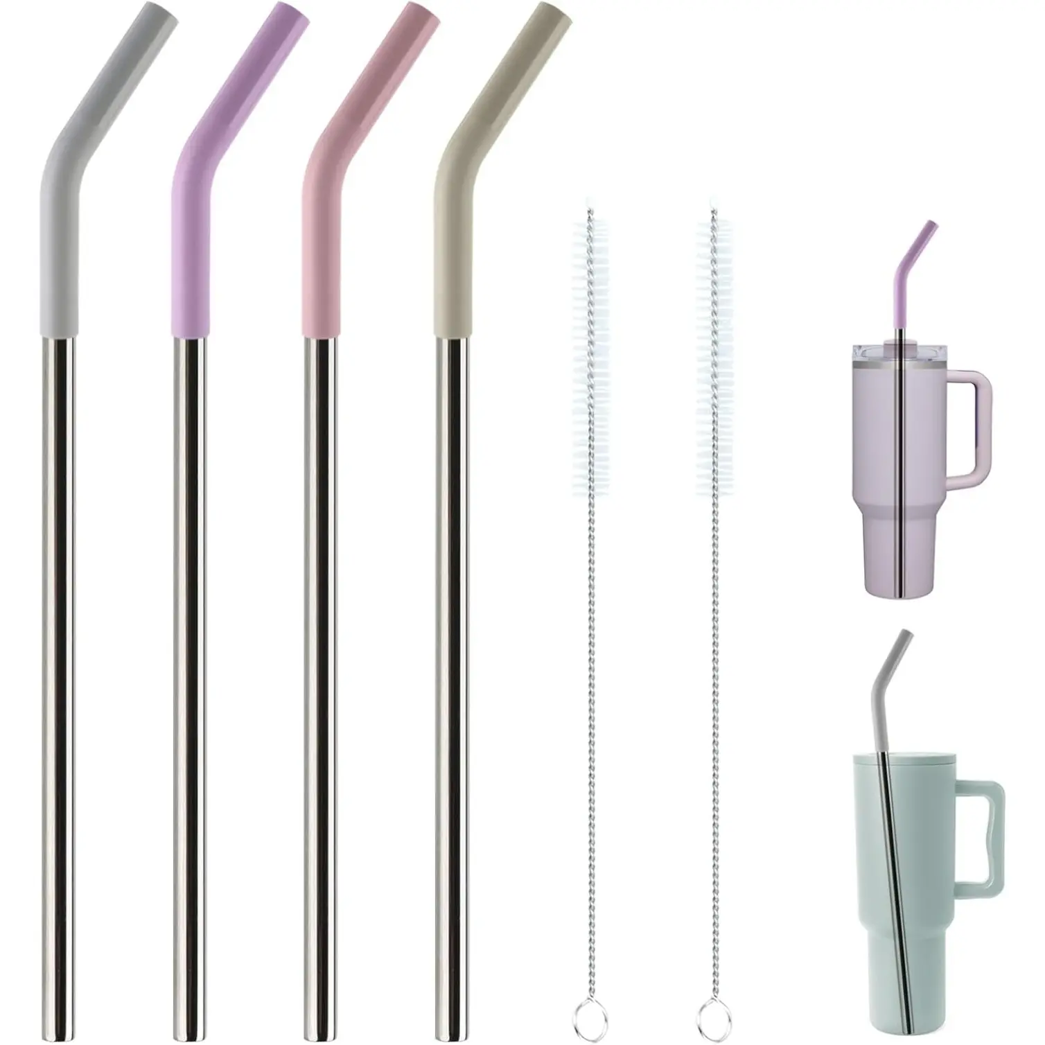 4 Pack Replacement Straws for 40oz Tumblers,12" Extra Long Metal Straws Reusable Compatible with Stanley 40oz Cup, 40 oz Tumbler Straw,3" Wide, Stainless Steel Straws with Silicone Tips and Brush