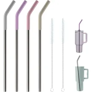4 Pack Replacement Straws for 40oz Tumblers,12" Extra Long Metal Straws Reusable Compatible with Stanley 40oz Cup, 40 oz Tumbler Straw,3" Wide, Stainless Steel Straws with Silicone Tips and Brush
