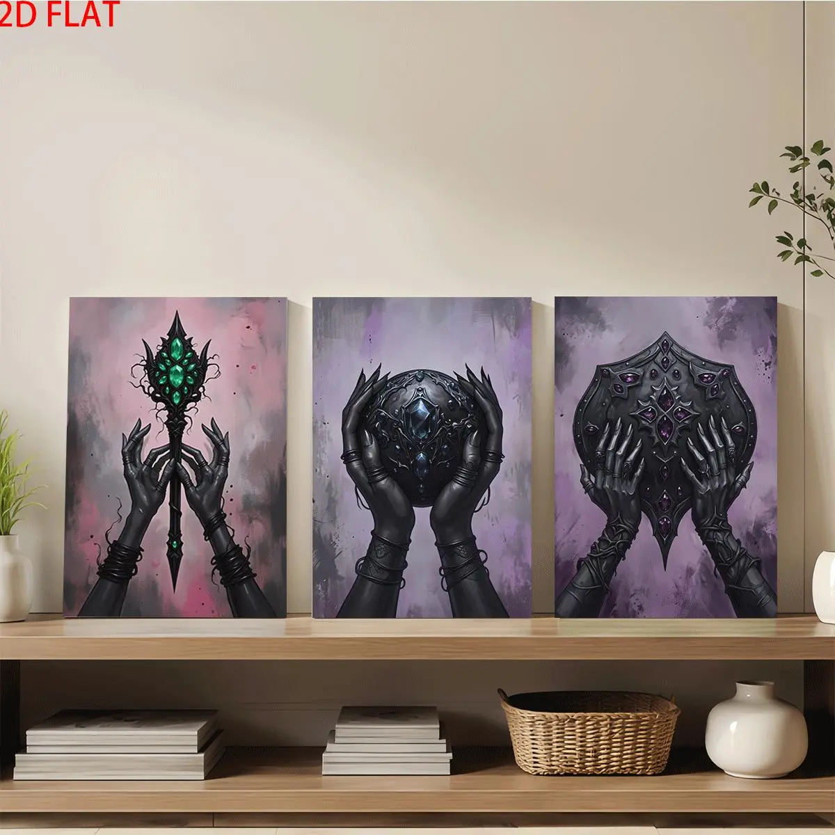 3Pcs Framed 2D Printing Canvas Wall Art Prints - Gemstone-Embedded Scepter & Shield Holding Scene Decor for Living Room, Bedroom - Ideal Birthday, Housewarming Holiday Gifts for Home Office Bathroom wall decor wall art
