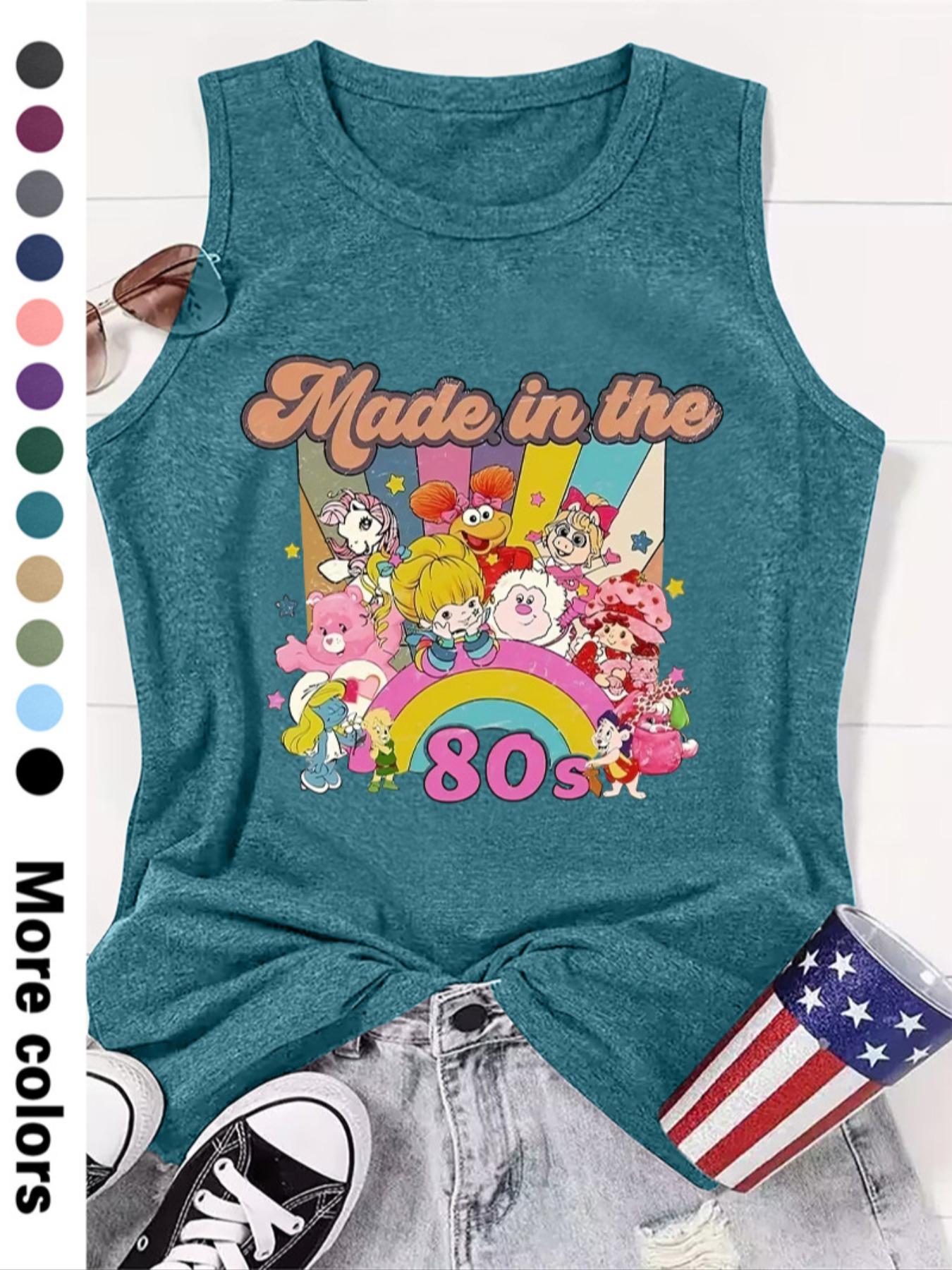 Fashionable Women's Cartoon Letter Print Round Neck Sleeveless Vest, Comfortable Knit Fabric, Summer Fitted Style, Available in 12 Colors