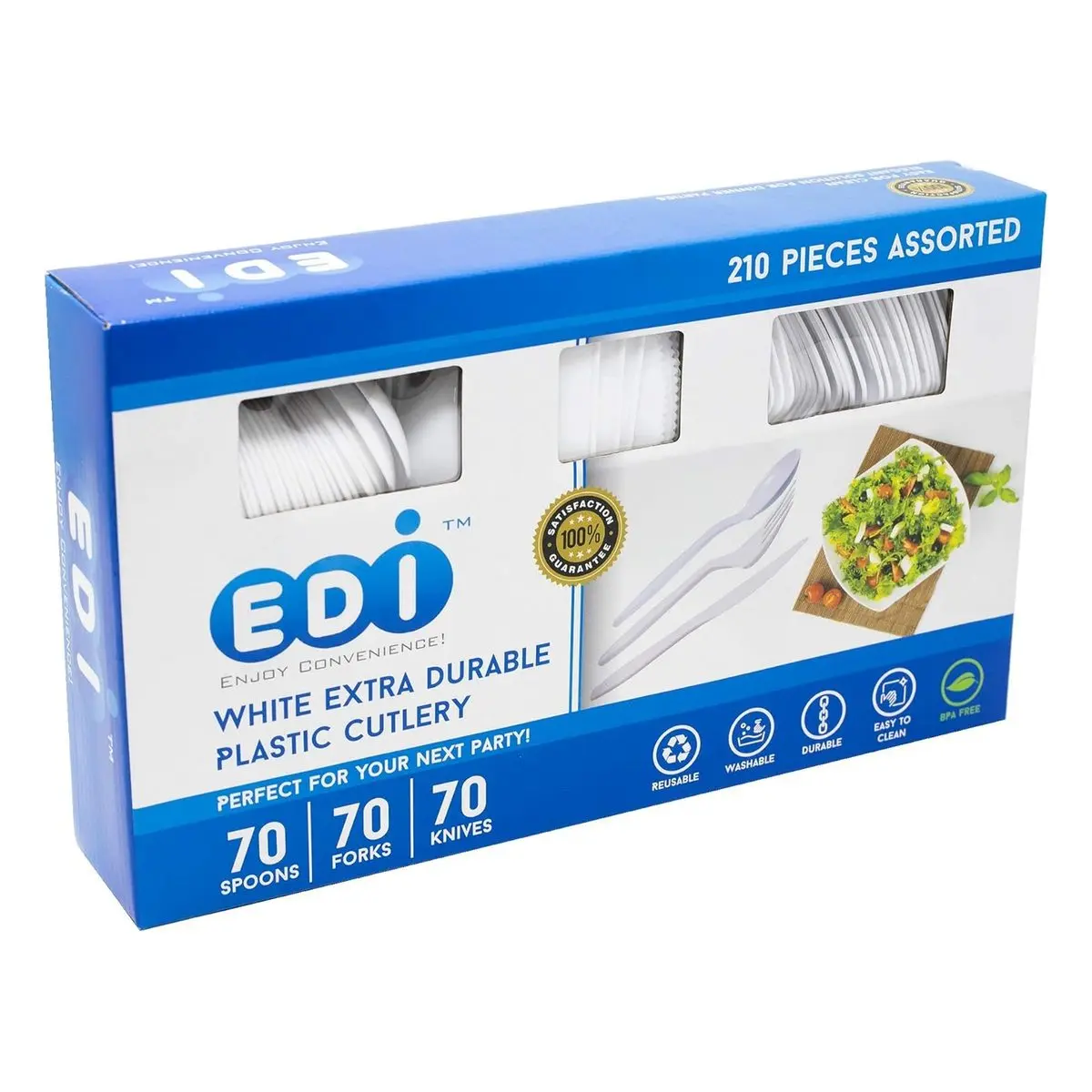 Disposable Plastic Cutlery Set for Parties, 210 Pieces White Assorted: 70 Forks, 70 Knives, 70 Spoons, Extra Durable