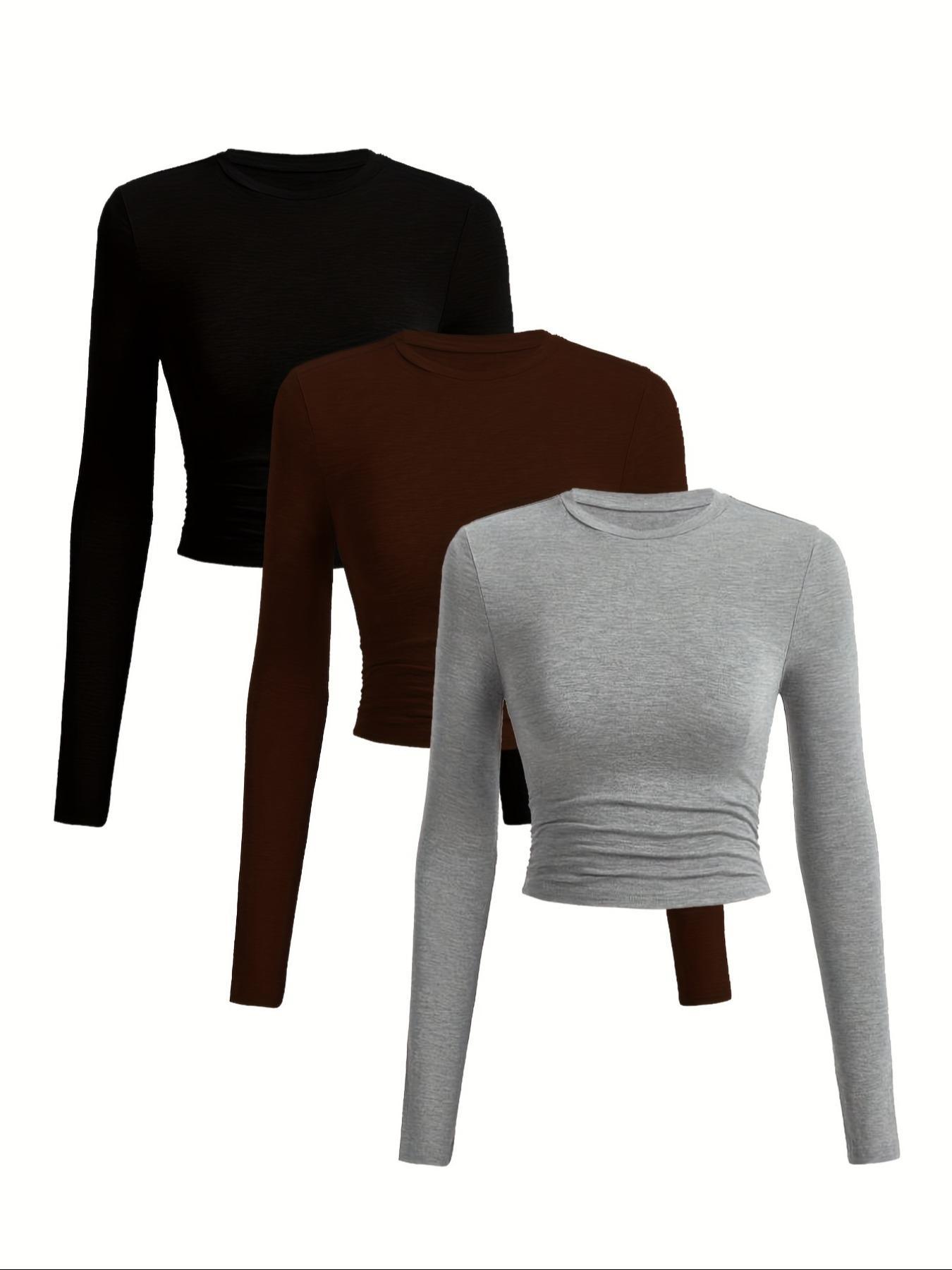 Women's Autumn Winter Casual Slim-Fit Long Sleeve T-Shirt Set, Side Ruched Design, Three-Piece Fashion Top for Daily Wear