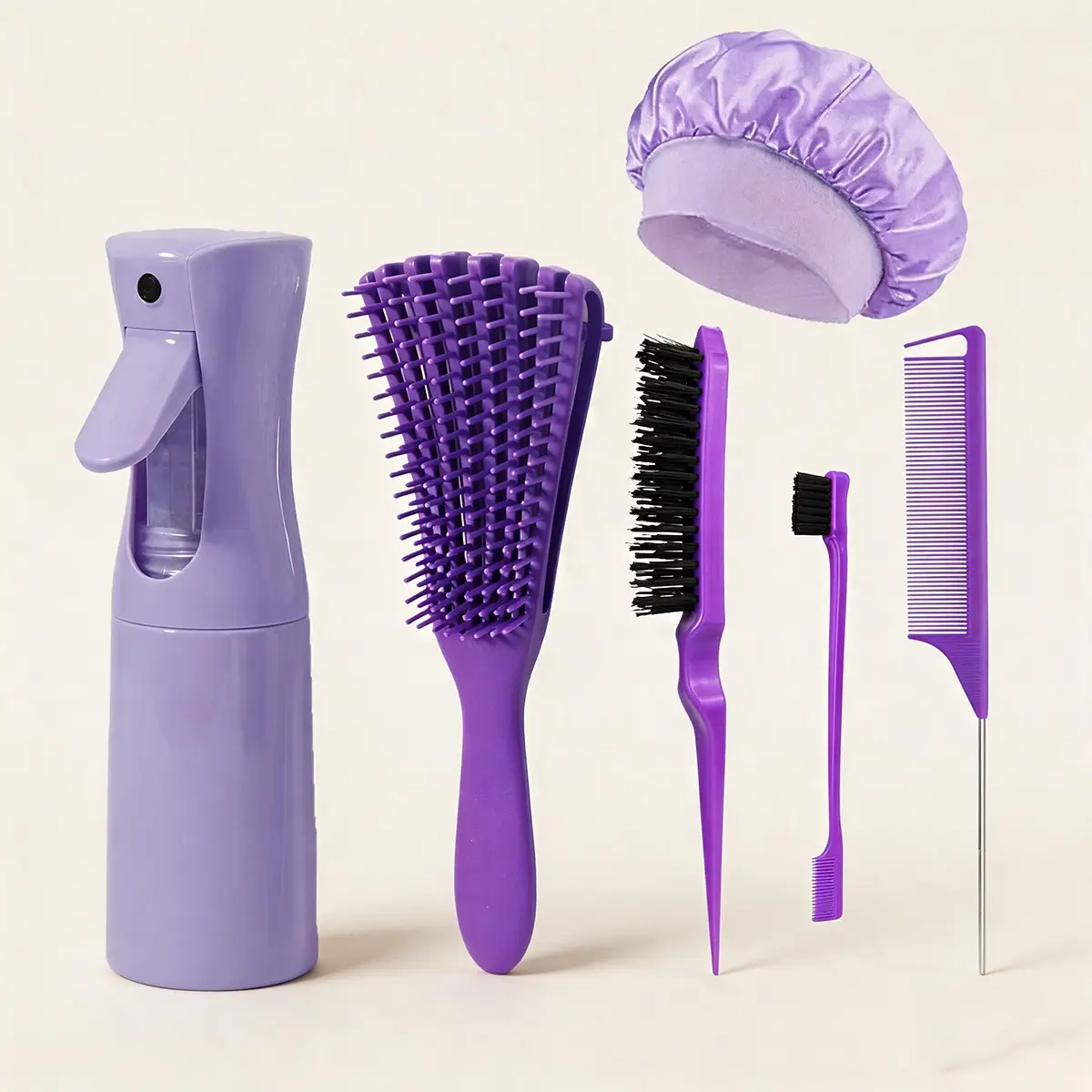 6-Piece Hair Styling Tool Set, Continuous Spray Bottle, Massage Comb, Edge Dual-Head Brush, Hairbrush, Detangling Comb, Silk Sleep Cap