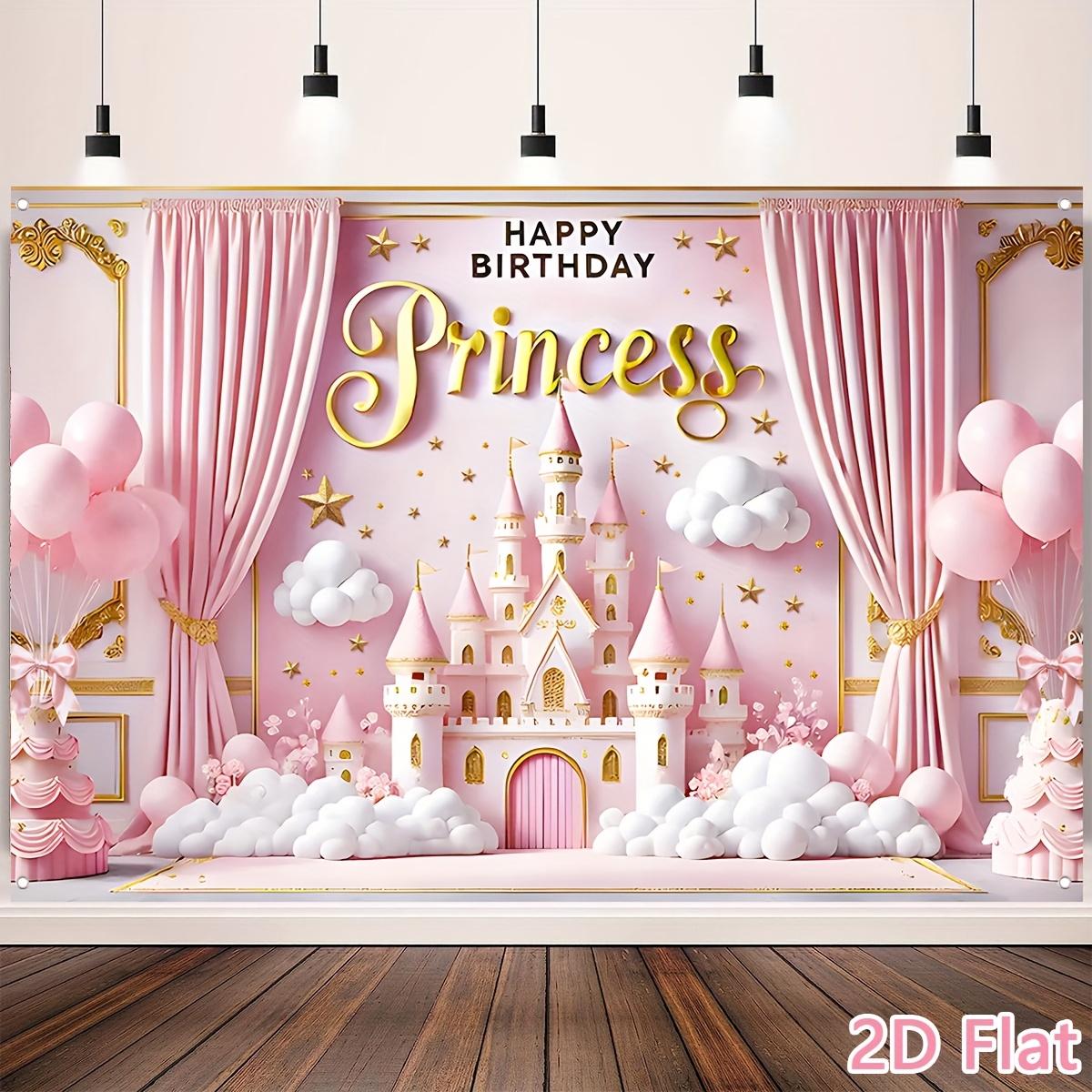 Pink birthday celebration background fabric, princess-themed party balloon castle pattern background fabric, birthday party decoration, baby party photography supplies, birthday party banner tapestry funny room tapestry durable man