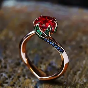 Elegant Rose Shaped Synthetic Red Garnet Ring, Dainty Adjustable Wedding Engagement Band, Luxury Fashion Finger Jewelry for Women Daily Party Anniversary Gift
