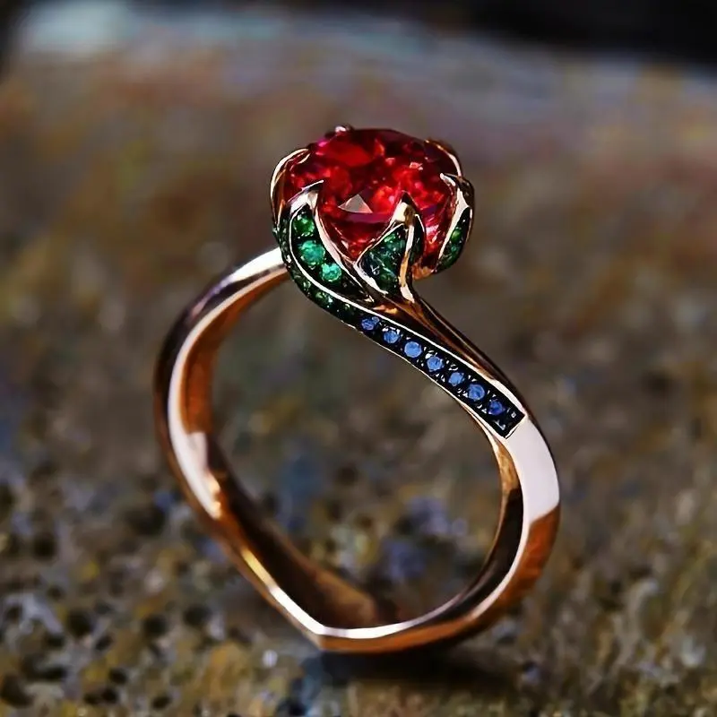 Women's Elegant Rose-Shaped Synthetic Red Garnet Engagement Ring, Dainty Adjustable Wedding Band, Luxury Fashion Finger Jewelry for Daily Party Gift, Engagement Rings