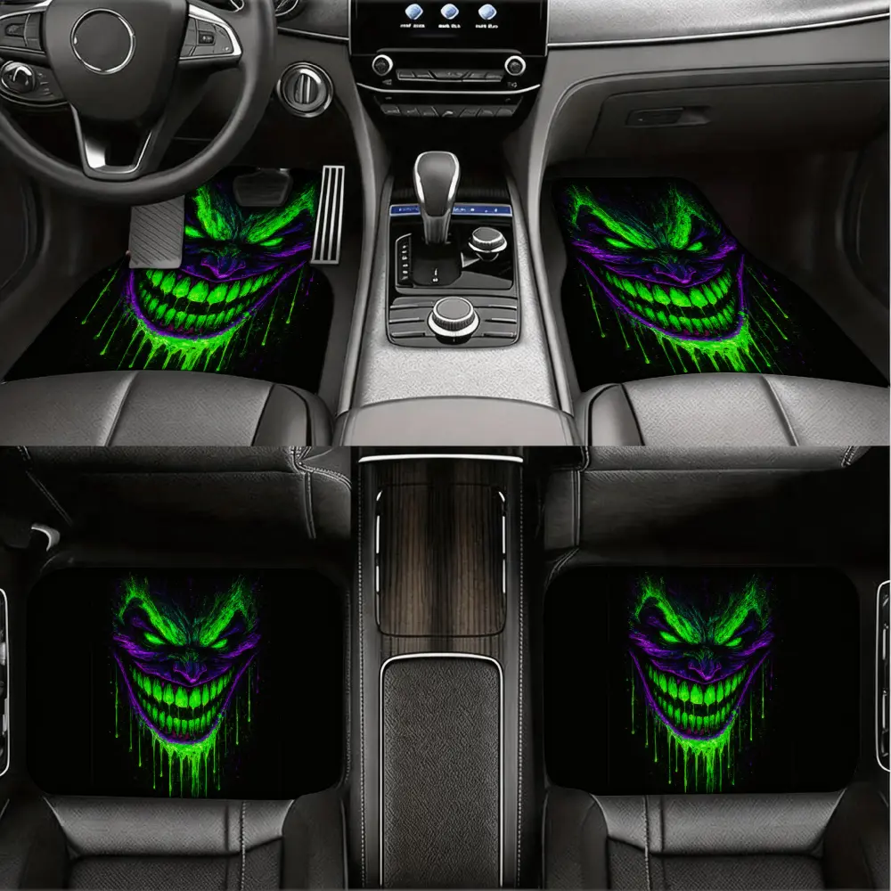 Gothic Horror, Car Floor Mats, Glowing Green And Purple Joker Face Design, Non-Slip Rubber Backing With Durable Fabric Surface, For Batman Fans And Custom Car Interior Enthusiasts, 4-Piece Set Front And Rear