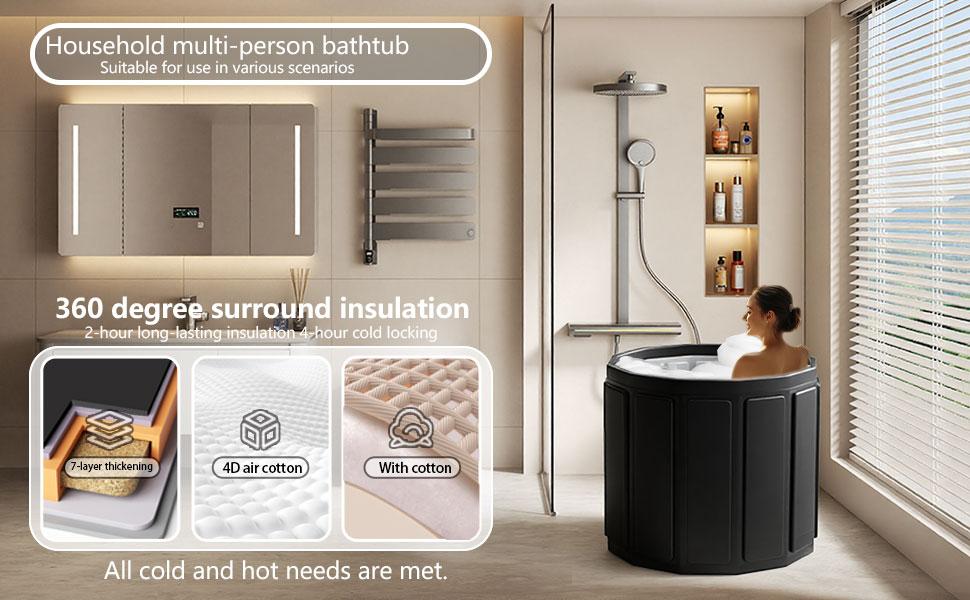 Portable Bathtub for Adult, Foldable Soaking Bathtub for Hot SPA&Ice Bath, Foldable Small Bathtub collapsible bathtub for Bathing, 6-layer Insulated portable tub,Space-Saving (black, 25.9X27.5 IN)