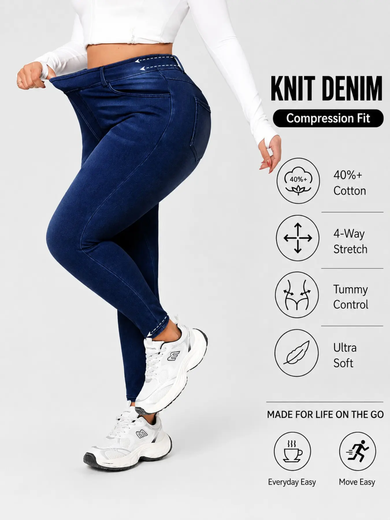 Plus Size Women High Waist Belly Control Butt Lifting Four Way Stretch Knit Denim Skinny Pants, Versatile Casual Slim Fit Sporty Jeans, Casual Design Jeans