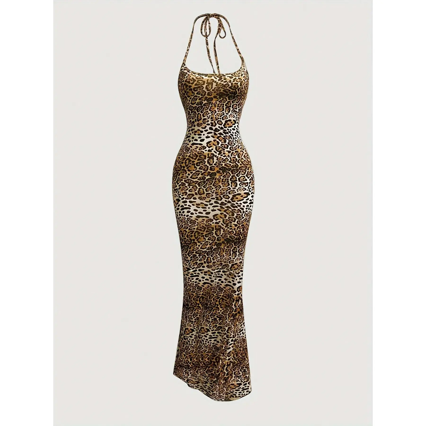 Leopard Print Halter Neck Bodycon Maxi Dress, Women, Stretchy Slinky Fabric, Sexy Mermaid Hem, Night Out Party Outfit, Sleeveless Tie Back, Style, 2025 Summer Must-Have, Date Night Dress, Viral Outfit, Flattering Bodycon Silhouette