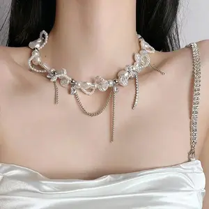 New Irregular Imitate Pearl Necklace Wrapped Choker Women Sweet Beads Rhinestone Neck Chain Light Luxury High-End Party Jewelry