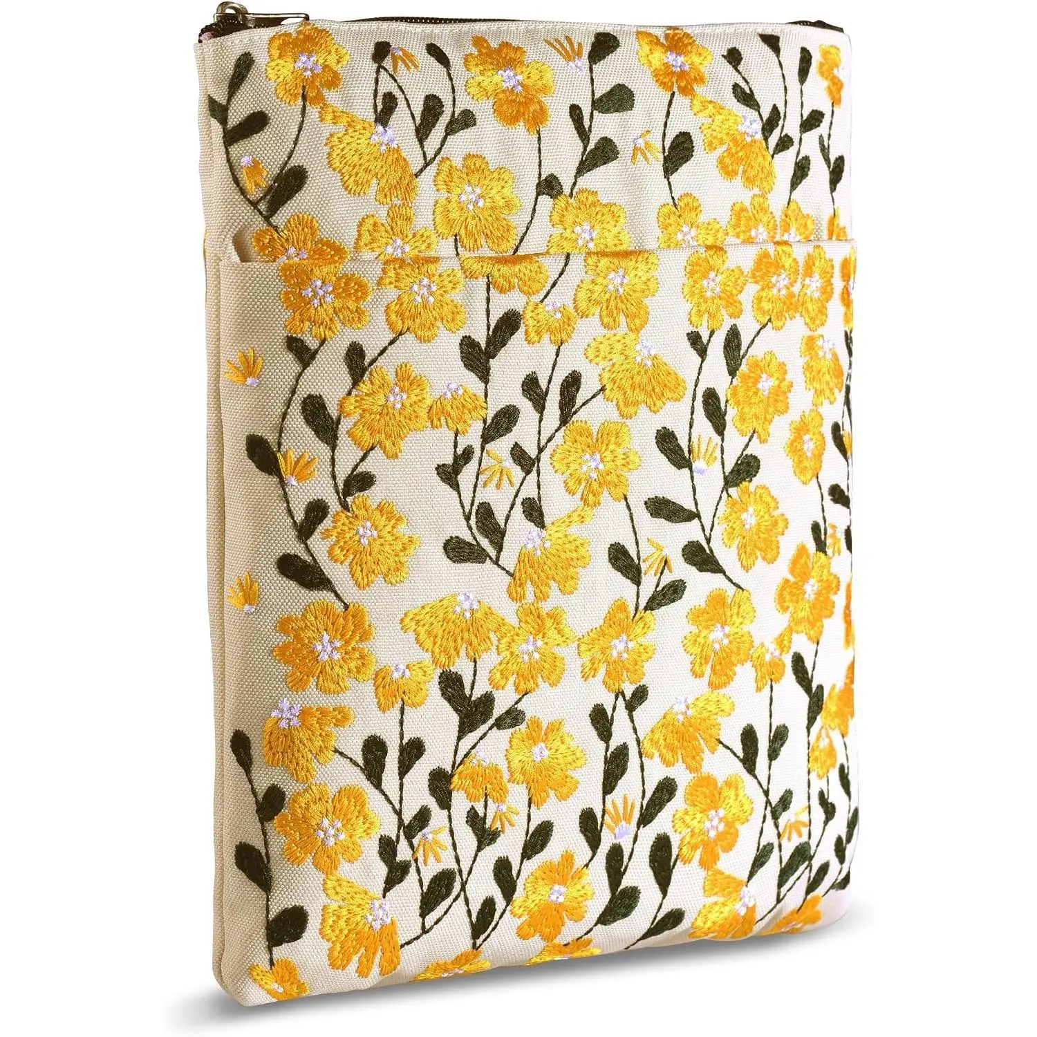 Embroidered Daisy Flower Book Sleeve with Zipper - Washable Fabric Book Cover Protector for Paperbacks & Hardcover, Gift for Book Lovers (Yellow, 11x8.5 Inch)