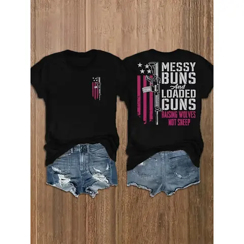 Patriotic T-Shirt with Messy Buns Loaded Guns Graphic, Unisex Cowboy Streetwear Top in a Soft Cotton Oversized Fit with American Flag Print, Joggers, Belts, Cargo, Casual Wear, Matching, Feminine, Shortsleeve