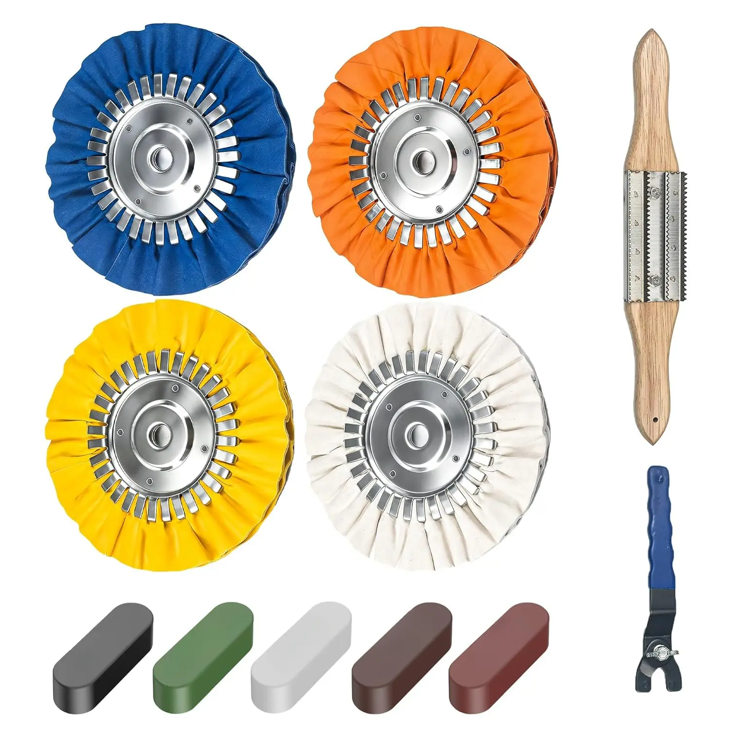 8 in Airway Buffing Polishing Kit, 11-Piece Set with 15 in Buffing Wheel Rake, 5/8 in Arbor Hole, Flange-Free Installation, 3500 RPM Aluminum Polisher for Angle Grinder Mirror Finish (Automotive & Motorcycle Car Repair Tool), Scratch Repair, Rapid Scratch