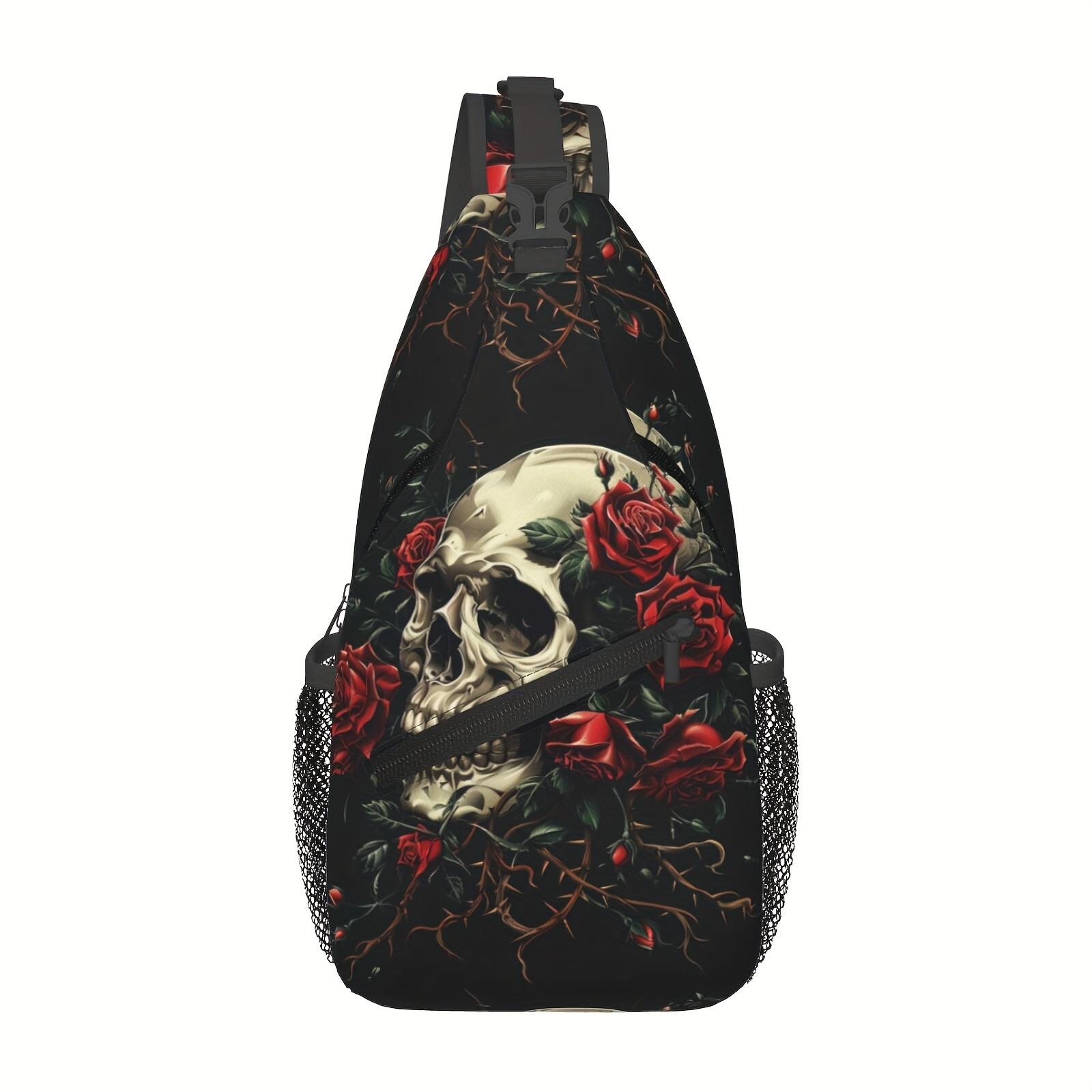 Crossbody Chest Hiking  Skull And Red Roses Shoulder Folding Large Capacity Fashion Durable Can Be Used For Shopping, Work,  Beach Fishing  Halloween   For School Back Christmas Gifts travel backpack