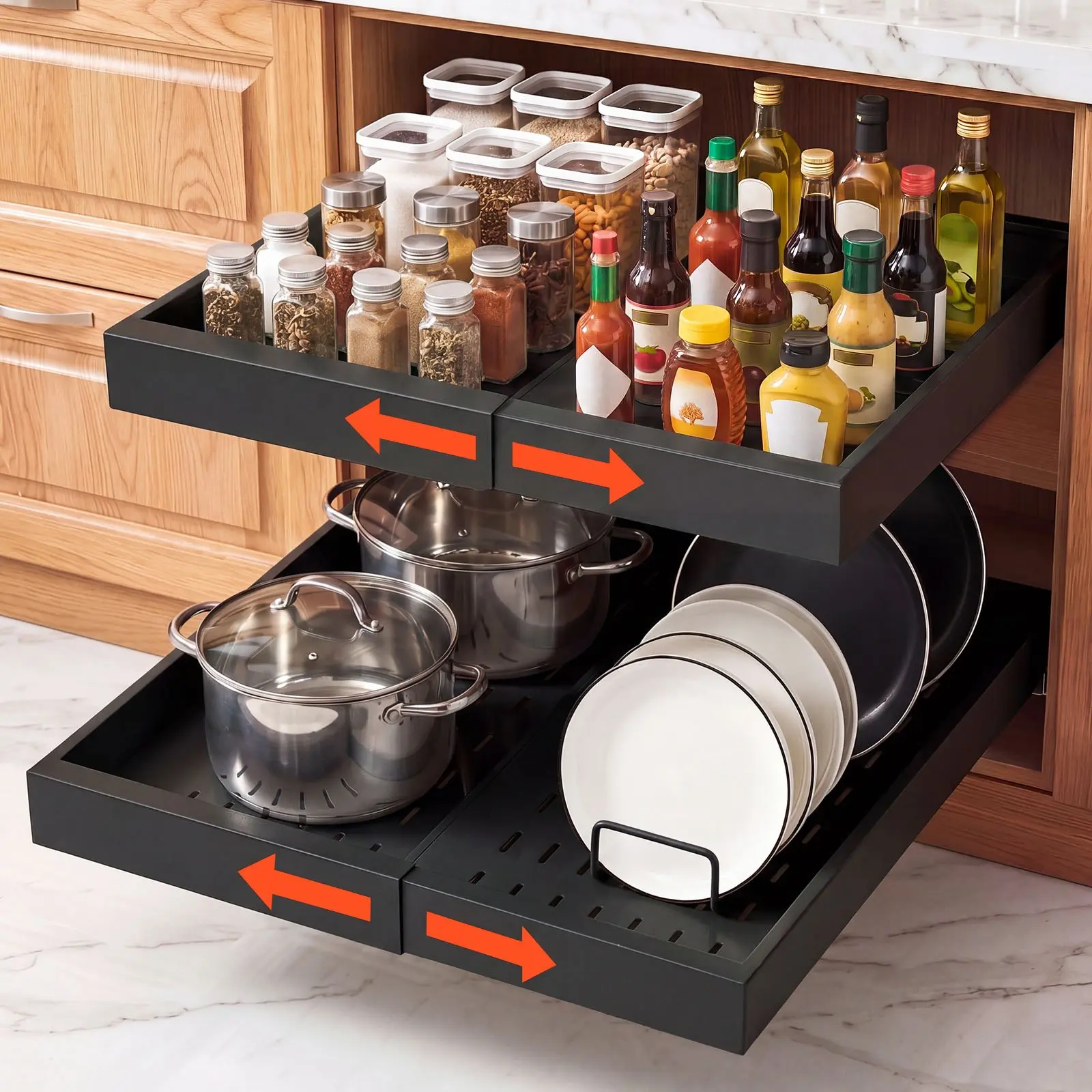 VEVOR Pull Out Cabinet Organizer, 2 Pack Expandable Width (12.2"-18.9"), 20.47" Deep Pull Out Drawers for Cabinets, Sliding Drawer for Kitchen Pantry Cabinet Organizer with Nano Adhesive Strips, Blac