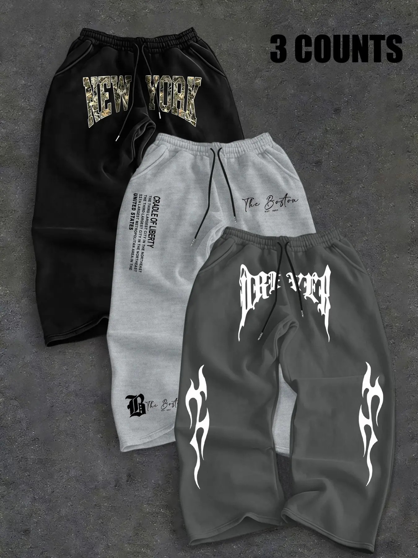 3-Pack Street Style Loose Straight Leg Sports Pants, Drawstring Waist, Y2K Print, Casual Daily Wear, High Body Inclusivity, Drawstring Waist Sweatpants