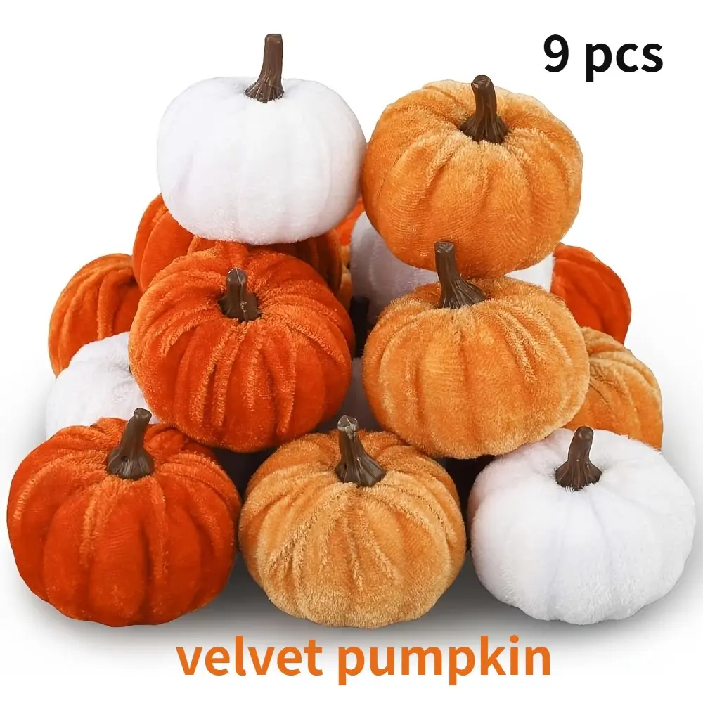 This set of 9 synthetic velvet pumpkin decorations is perfect for Halloween, Thanksgiving, Autumn, and fall-themed living room decor, and can also be used as a pumpkin festival table display.