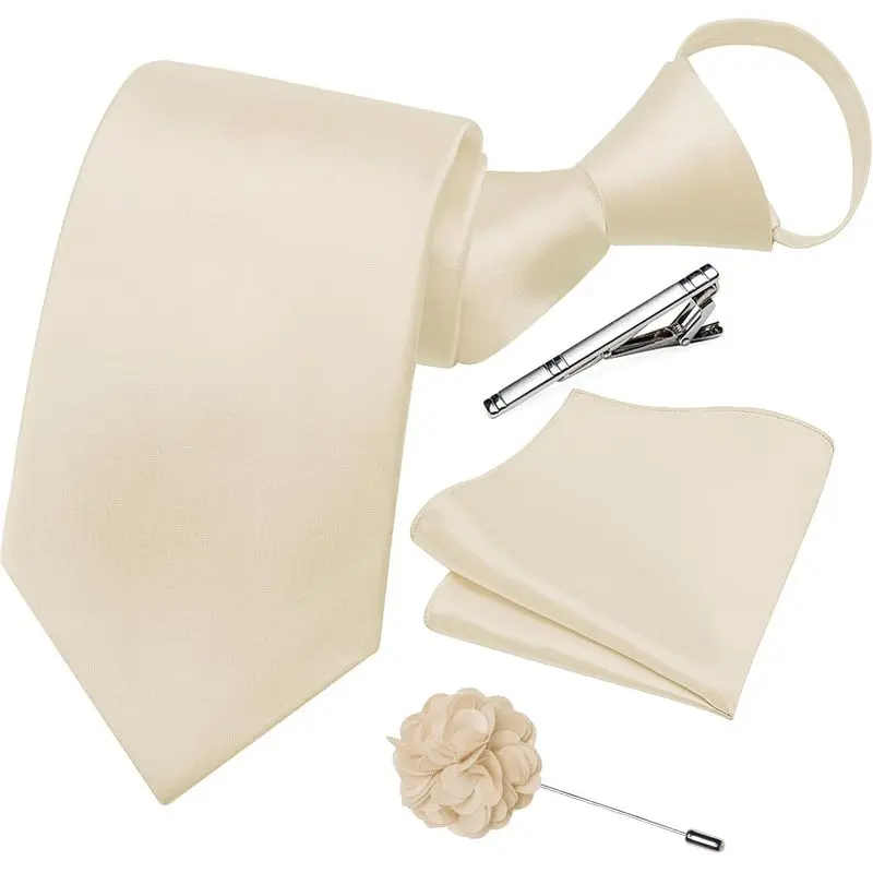 Men's Pre-Tied Adjustable Zipper Slim Satin Tie Set, Beige Formal Tie with Pocket Square, Suitable for Business and Weddings
