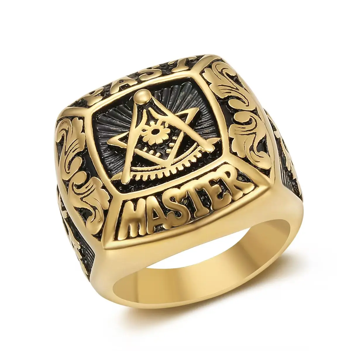 Men's European-American Retro Masonic AG Symbol Anti-Rust Stainless Steel Carved Ring, Anti-Rust Steel Rings