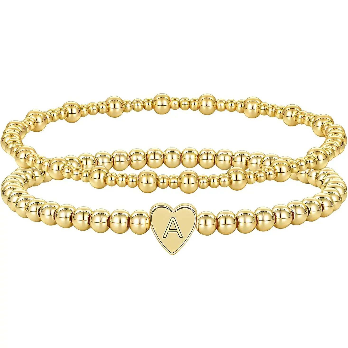 Initial Beaded Bracelet for Women, 14K Gold Plated Letter A-Z Bead Bracelet Dainty Stretch Stackable Handmade Ball Bracelets for Women Personalized Heart Trendy Jewelry Gifts