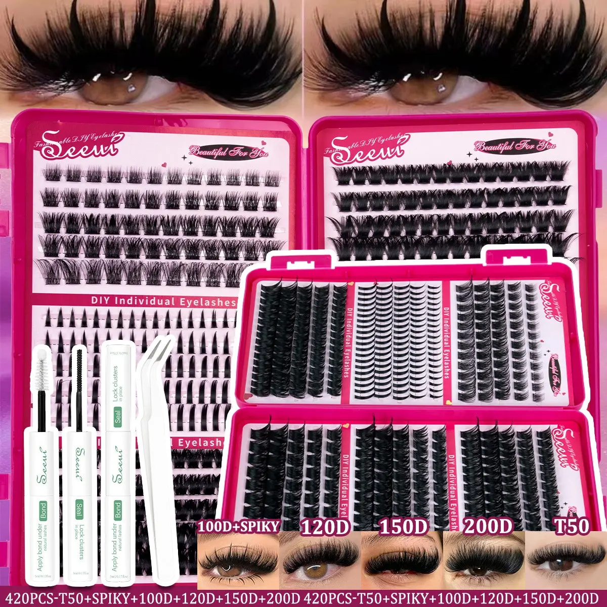DIY Lash Clusters Kit, Dolly/Fluffy/Spike/Thick Lash Book, Volume Lash Clusters, Eyelash Cluster Extension, Cutey Lash Kit, Faux Mink Lashes Kit, Soft Lightweight Curled Eyelashes, Waterproof Long-Lasting, Includes Bond&Seal&Tweezers, Beginner Friendly
