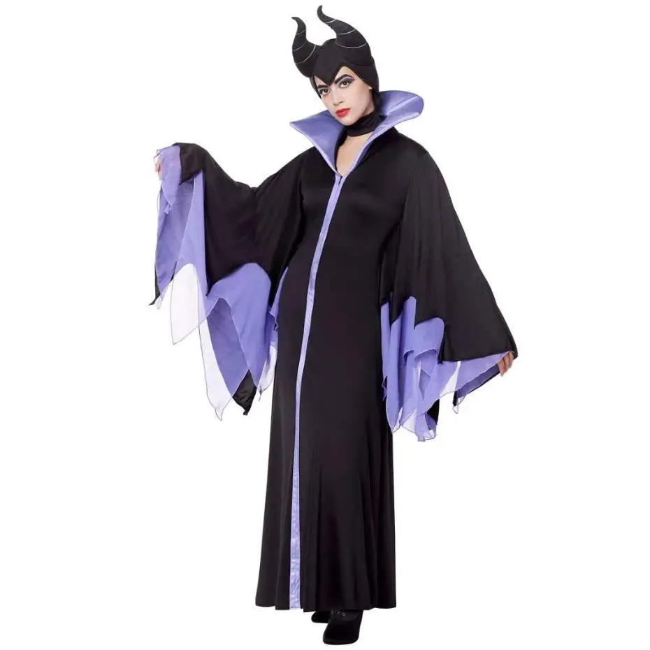 Halloween Evil Vampire Black Costumes for Adult Women 2024 Witch Maleficent Cosplay Costume Sleeping Beauty Horn Hat Outfit Hood