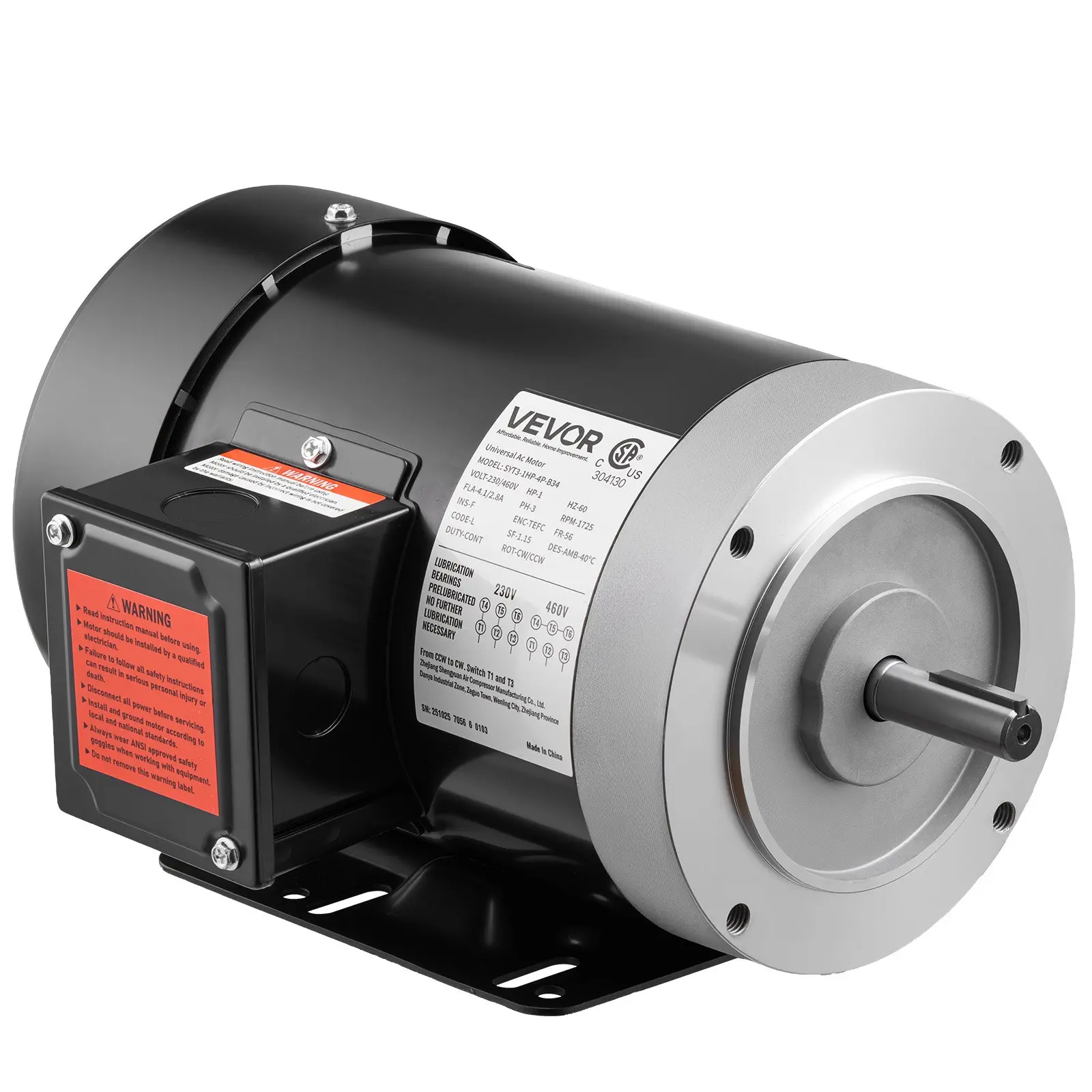 VEVOR 1 HP 3-Phase Electric Air Compressor Motor, 1725 RPM, 230V/460V, TEFC Enclosure, 56C Frame, CW/CCW Rotation