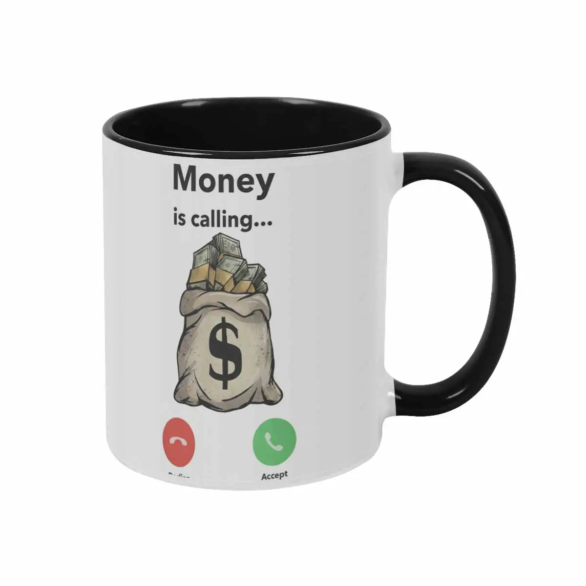 Halloween Money Is Calling Design Ceramic Mug (11oz/15oz) - Wealthy Cash Bag Print, Motivational Quote, Microwave-Safe, Durable, Glossy Finish, Ideal for Office Desk, Entrepreneur Business Gifts, Morning Coffee