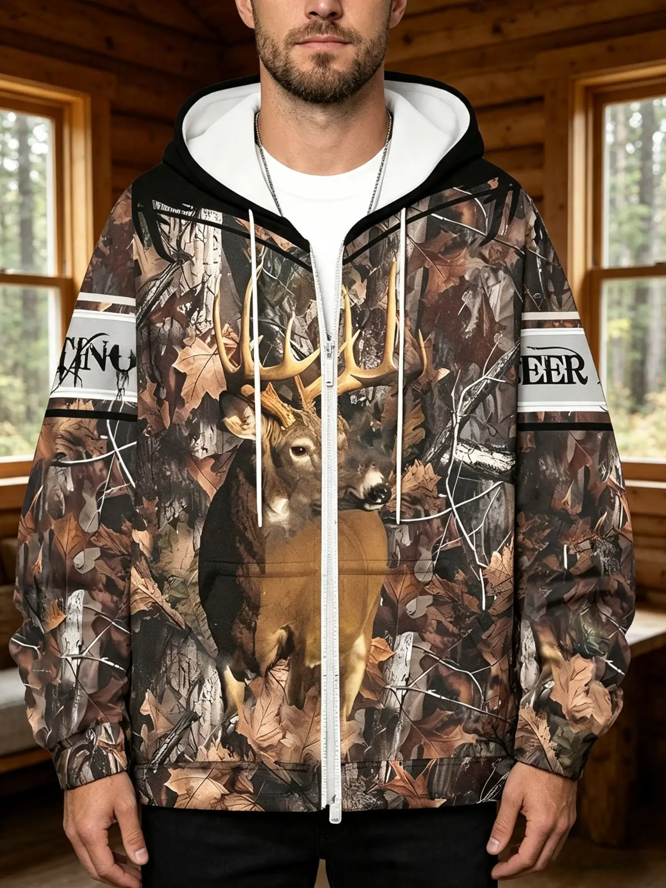 Men's Camouflage Deer Pattern Zipper Hoodie, Forest Camo Full-Zip Hooded Sweatshirt, Drawstring Pockets, Outdoor Casual Streetwear